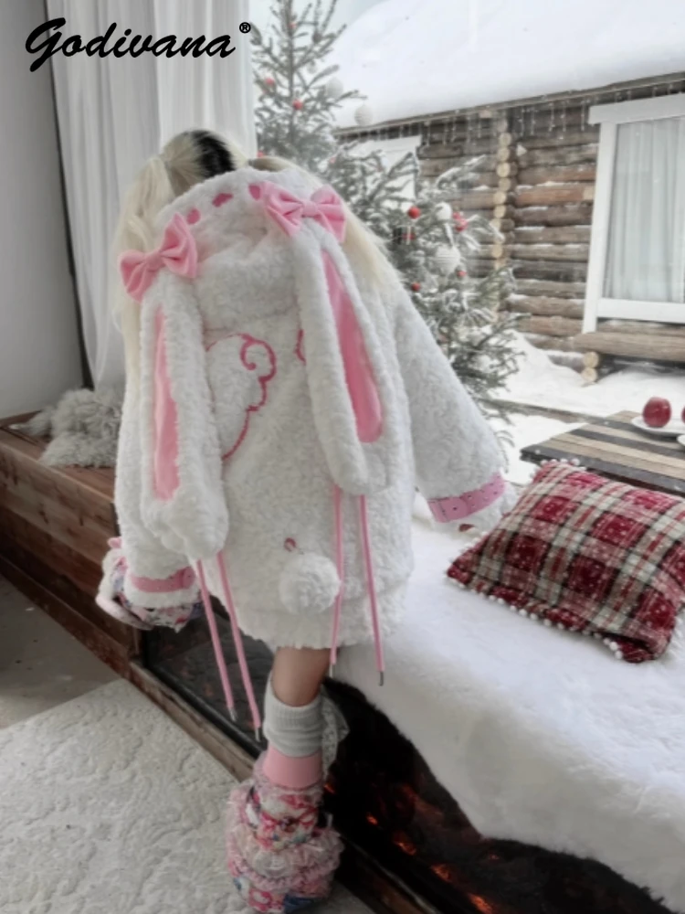 Winter New Girls Cute Big Rabbit Ears Cotton-padded Clothes Personalized Y2k Plush Jacket Women\'s Warm Thickened Parkas Fur Coat