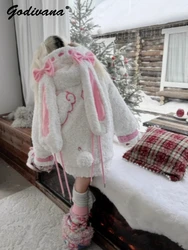 Winter New Girls Cute Big Rabbit Ears Cotton-padded Clothes Personalized Y2k Plush Jacket Women's Warm Thickened Parkas Fur Coat