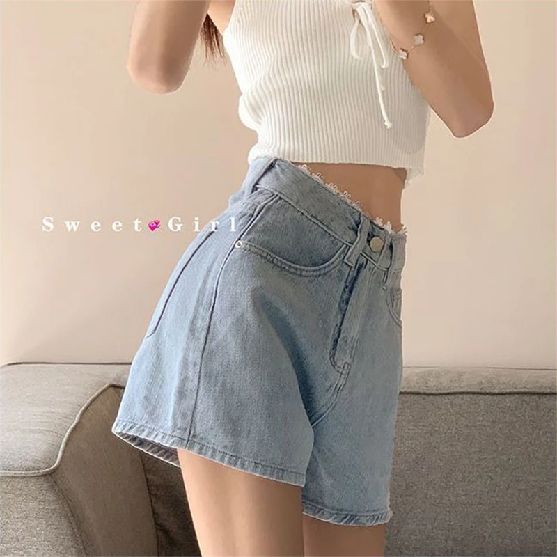 Women's Lace Design A-line Denim Shorts Summer New Sweet Girl High Waisted Sexy Hot Pant Female Wide-leg Mini Trousers