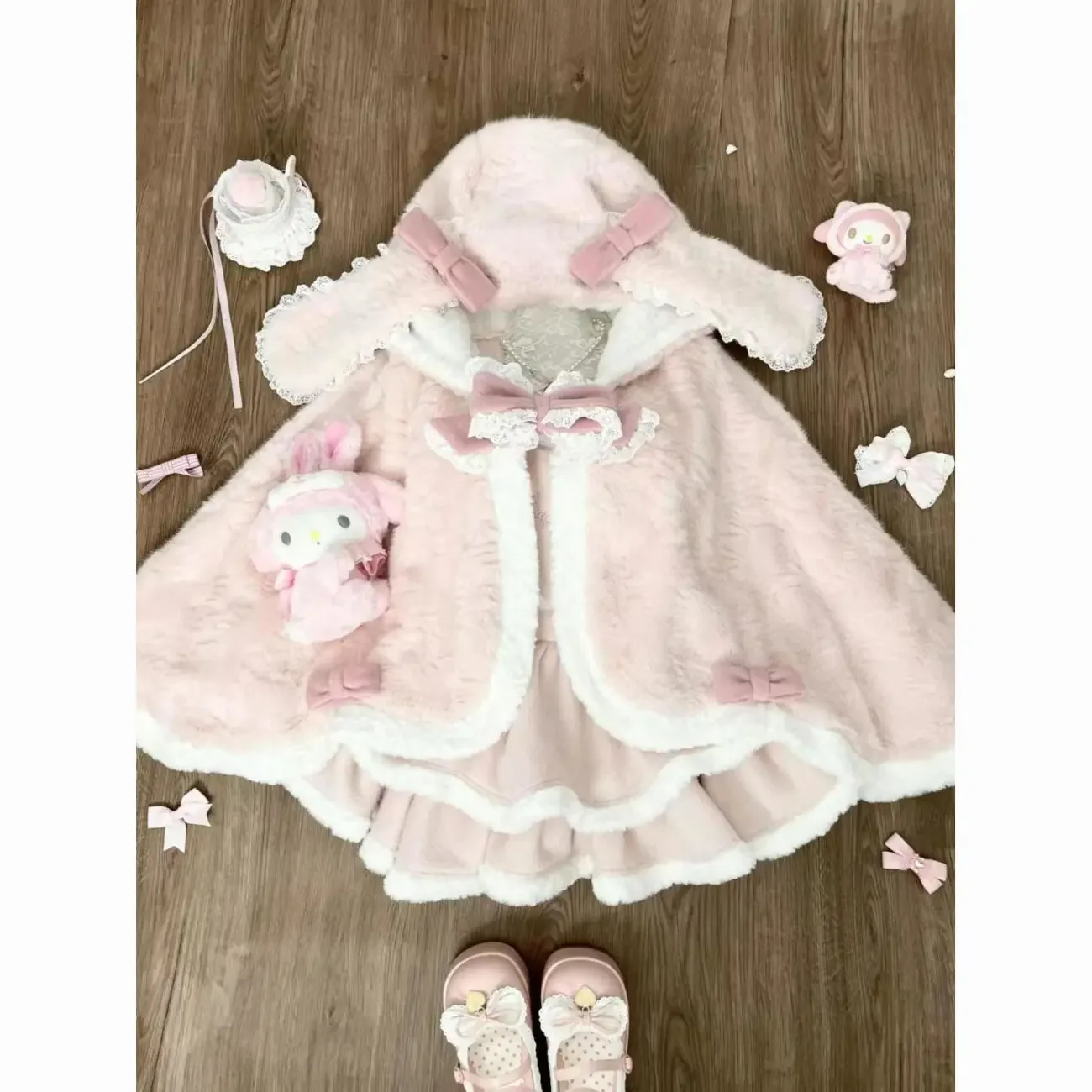 Rosa süßes Lolita-Kleid, 3-teiliges Set, Herbst-Winter-Frauen, süßer Schleife, Hase, Kapuzenmantel, Kawaii-Cartoon, schmale Kleider, Gothic-Y2k-Anzug