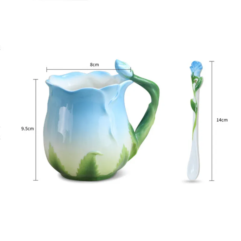 D2 Floral Ceramic Mugs Coffee Mug Creative Rose Flower Shape Teacups Pastoral 4 Colors Breakfast Milk Cups With Spoon Drinkware