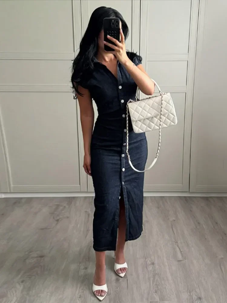 

Fashion Lapel Single Breasted Denim Dress Women Elegant Pleated Sleeveless Long Dresses 2024 lady Commute Street Bodycon Robes