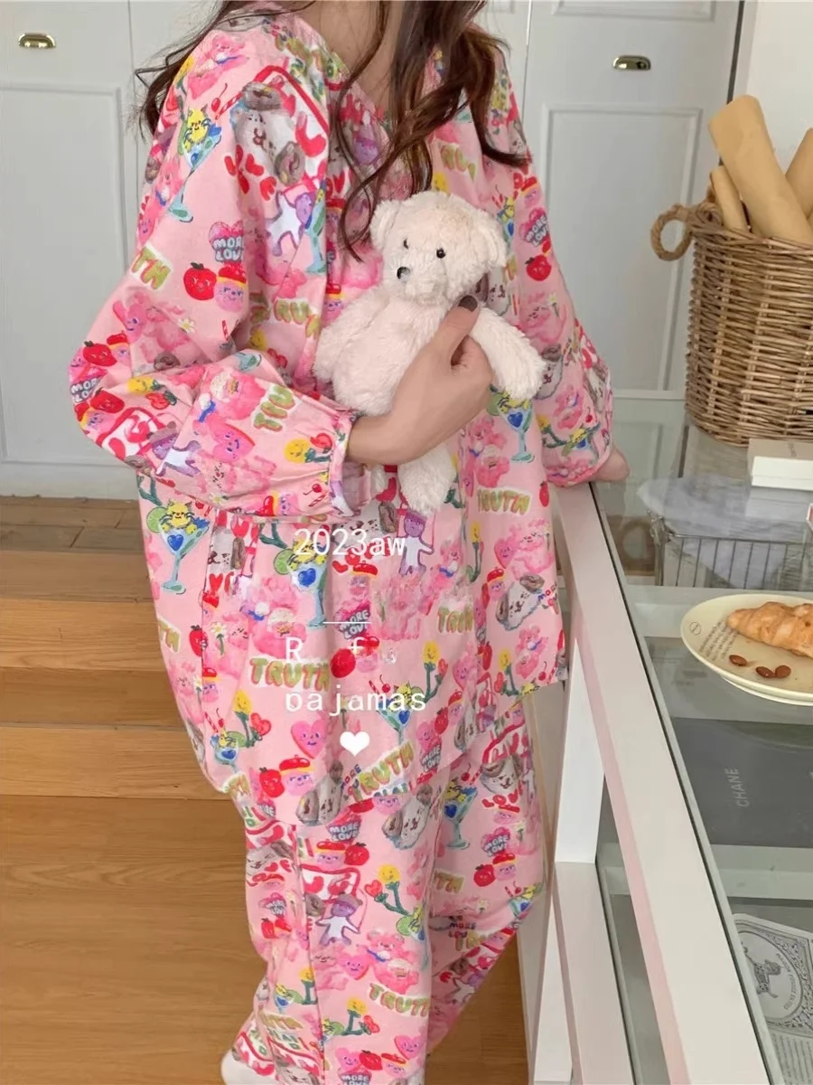 

Large Size 300 Pounds Cute Cartoon Pajama Set Women's Outdoor Wear Sweet Cardigan Long Pants Home Clothes Two-Piece Set