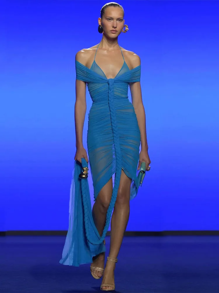 2025 Frauen Promi Sexy Liebsten Mesh Geraffte Blau Midi, Figurbetontes Kleid Elegante Abend Club Party Outfit