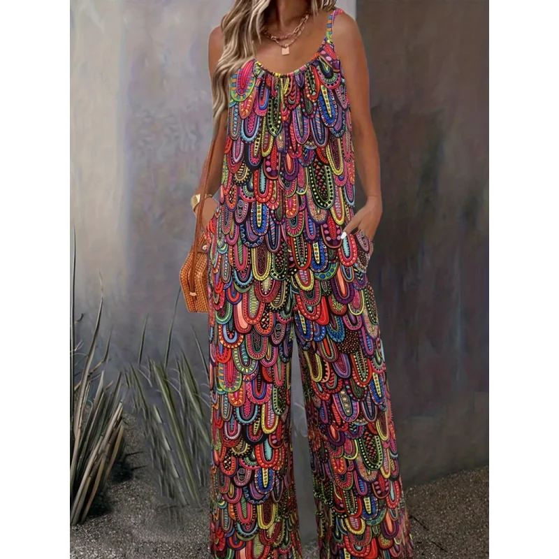 

Cross-Border New European and American Wide-Leg Pattern Printed Jumpsuit Sleeveless Bohemian Jumpsuit