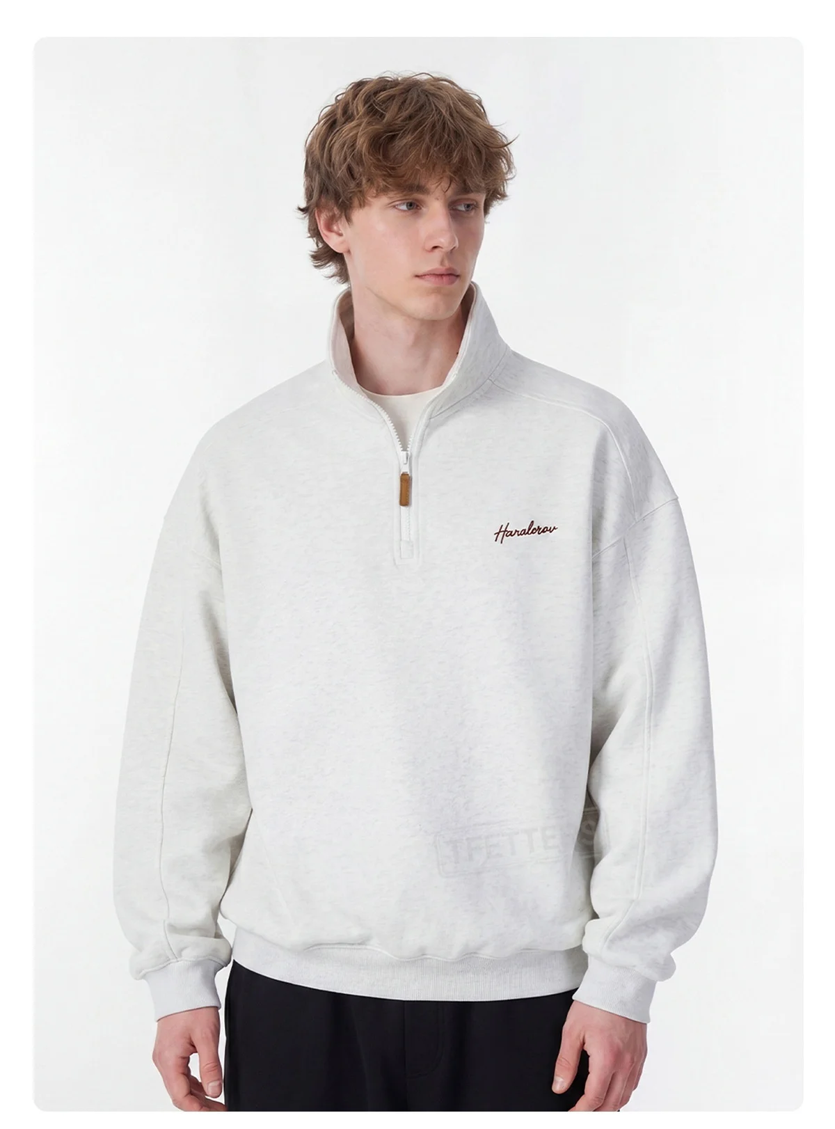 TFETTERS Fall Loose Cotton Half Zip Sweatshirt for Men Heather Gray Stand Collar Minimal Embroidered Casual Tops for Man EU SIZE