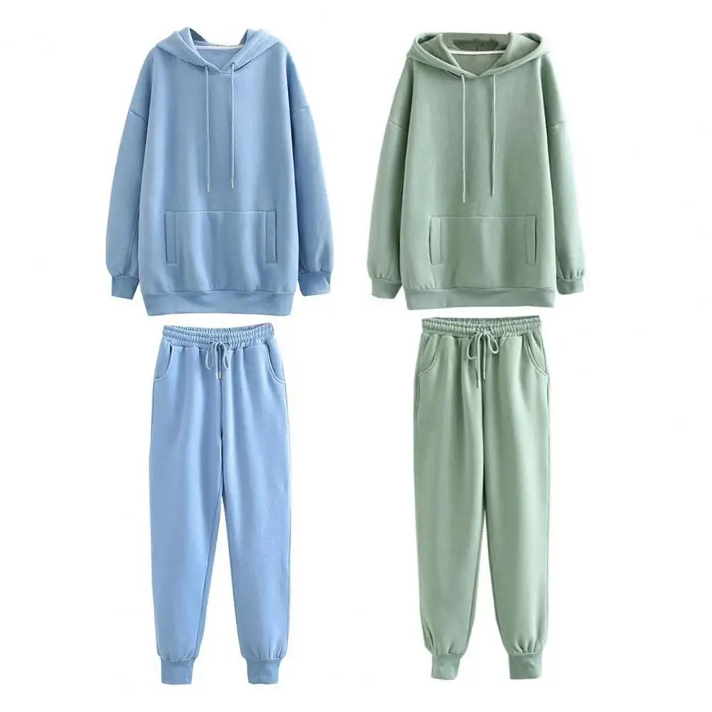 Women Tracksuit Hooded Sweatshirt and Sweatpants Solid Color 2 Piece Set Autumn Winter Warm Casual Female Suit