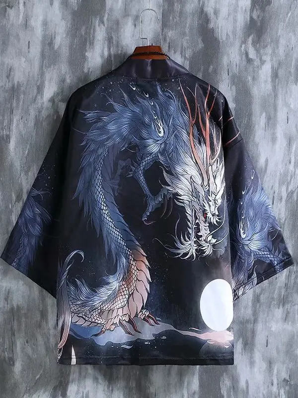 

Chinese Sle Loose Thin Kimono Sun Protection Coat Youth Faion Printed irt Polyester Fiber ort Sve Summer Wear