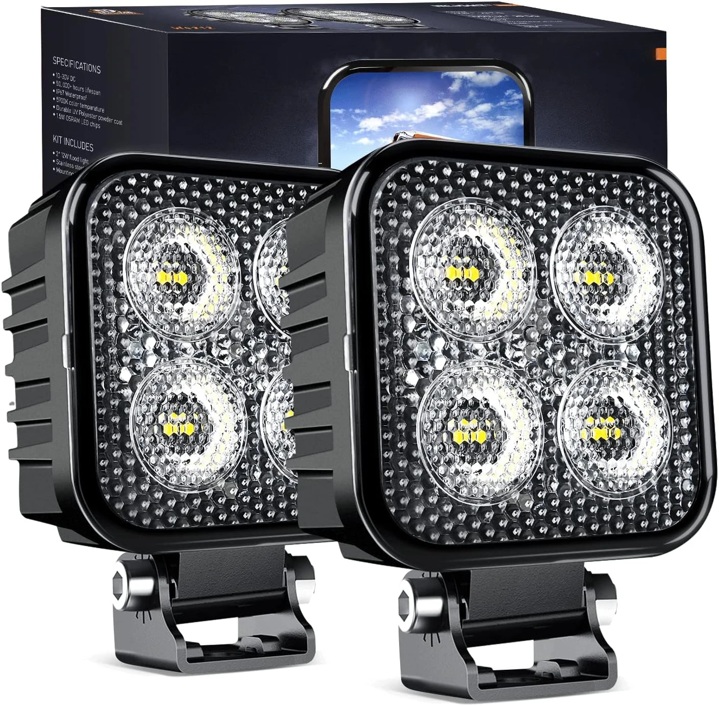 2PCS 3Inch Led Square 1500LM Built-in EMC Work Light 90 Degree Flood Beam Angle for Offroad Side Rear Back-Up Reverse Lamps