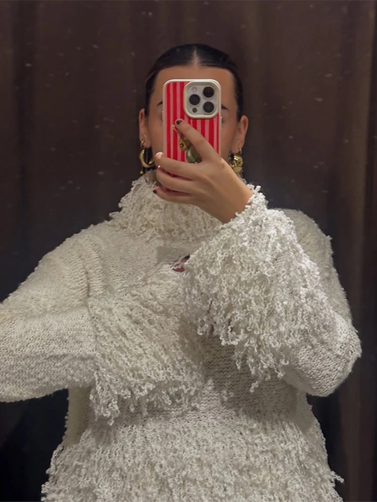 Chic Tassel Patchwork Knitted Sweater Women's Long Sleeve Round Collar Tops 2025 Autumn Winter New Y2K Lady Streetwear
