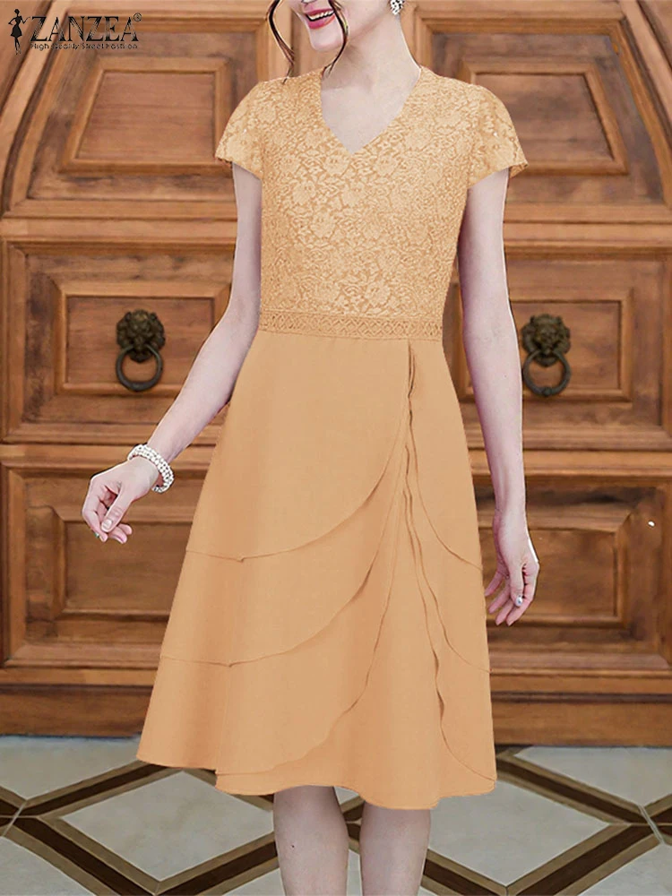 ZANZEA 여름 여성 드레스 2025 우아한 레이스 패치 워크 Sundress 패션 오 넥 짧은 소매 휴일 파티 Vestidos Robe Femme