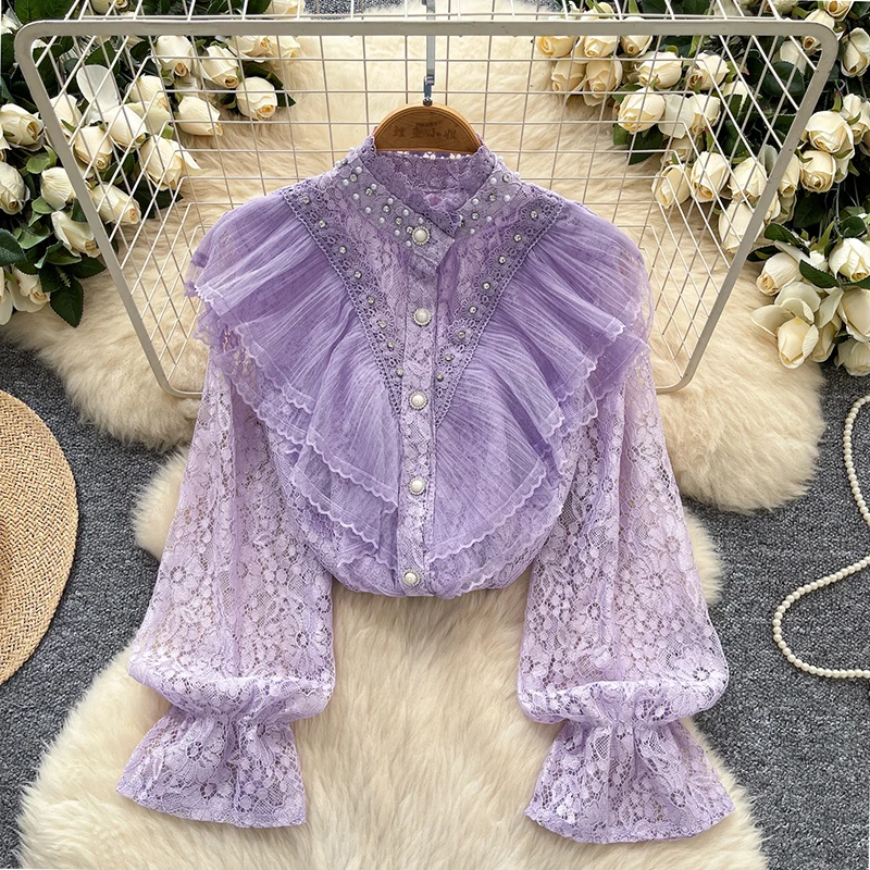

Spring Autumn French Retro Palace Style Nail Bead Inlaid Diamond Long Sleeve Shirt for Women Single Breasted Ruffle Lace Top W92