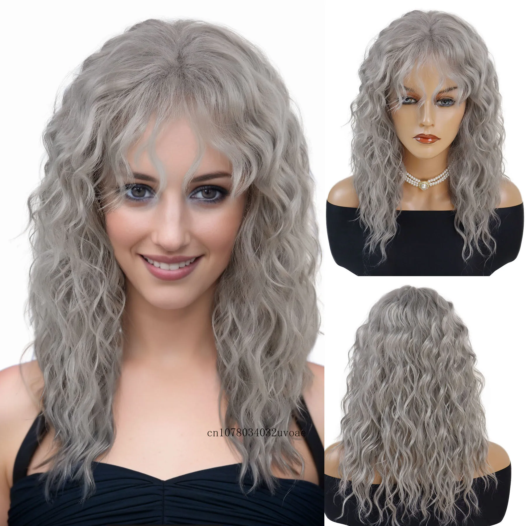 Synthetic Natural Grey Wig Long Curly Hair for Women Daily Use Layered Wig with Bangs Cancer Patient Gift Outfits Costume Party