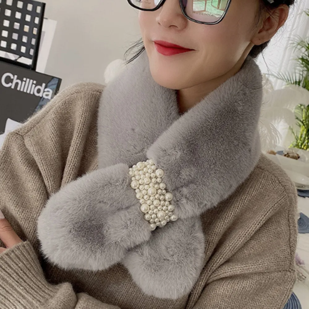 Fashion Women Winter Neck Warm Pearl narrow small scarf hairy neckerchief WJ007