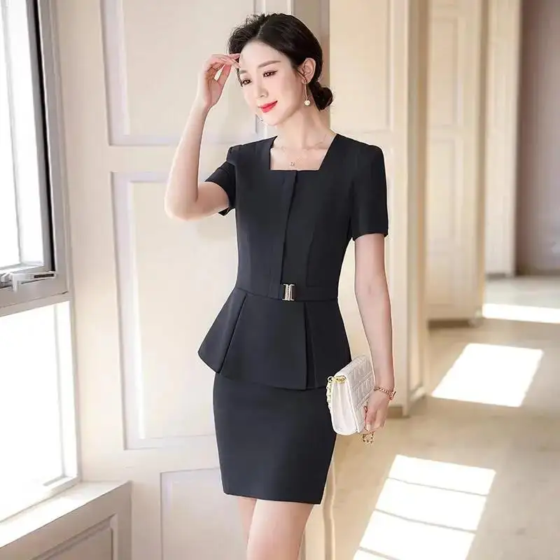 Summer Short Sleeve Elegant Blue Formal Professional Women Business Suits OL Styles Ladies Office Pantsuits Blazers Skirts Set