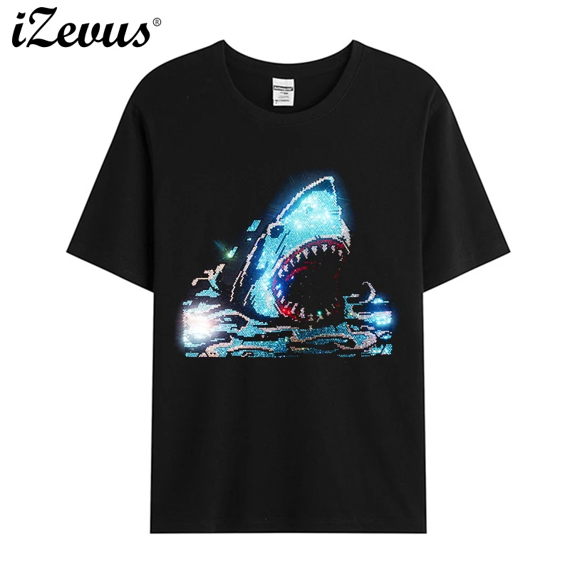 

High-quality hot diamond shark diamond figure T-shirt men's summer short-sleeved ice cotton casual T-shirt