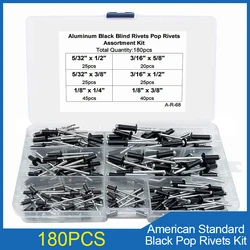 180pcs Aluminum Black Blind Rivets Pop Rivets Kit American Standard 1/8 5/32 3/16 Pull Nail Open Flat Round Head Blind Rivet Box