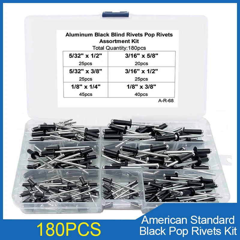 180pcs Aluminum Black Blind Rivets Pop Rivets Kit American Standard 1/8 5/32 3/16 Pull Nail Open Flat Round Head Blind Rivet Box