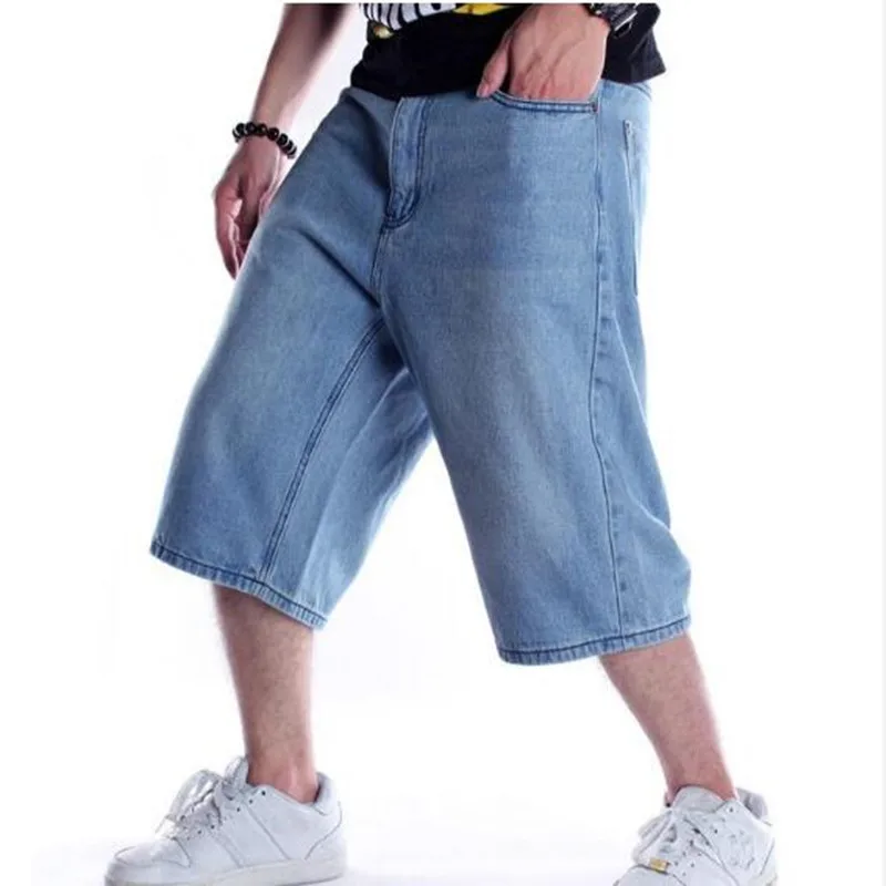 

Mens Loose Baggy Denim Short Men Jeans Fashion Streetwear Hip Hop Long 3/4 Capri Cargo Shorts Pocket Male Blue