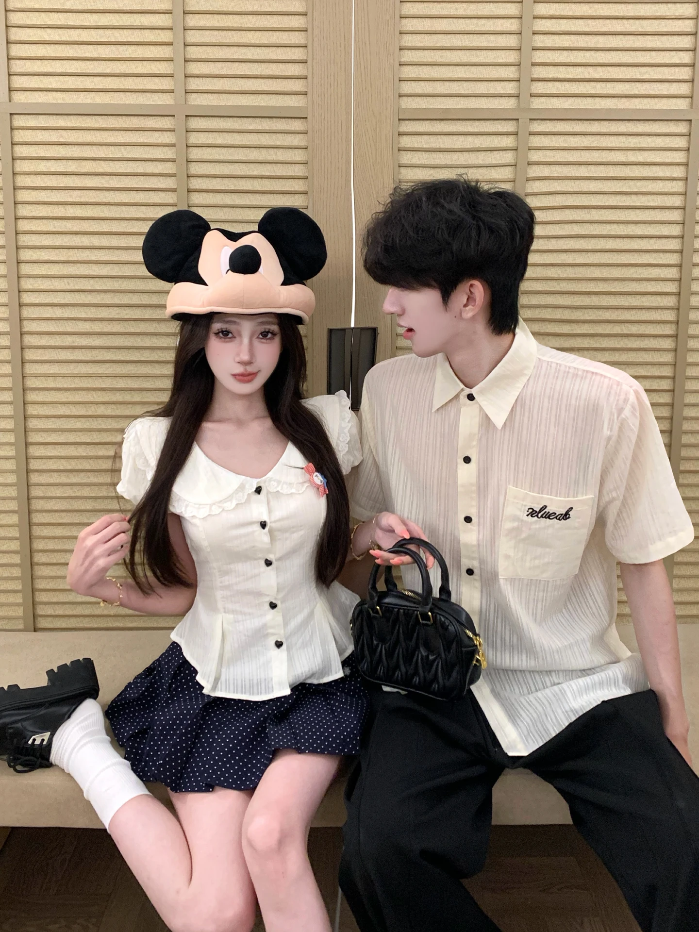 Couple's Summer 2026 Short Sleeve Shirt And Polka Dot Skirt Set Salted Milk Tea Waist-Cinching Pure Desire Style Men's Shirt