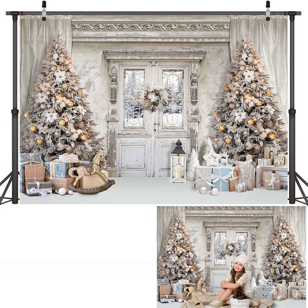 3D White Christmas Room Family Party Background Fireplace Retro Door Xmas Tree Birthday Portrait Backdrops Photography Studio