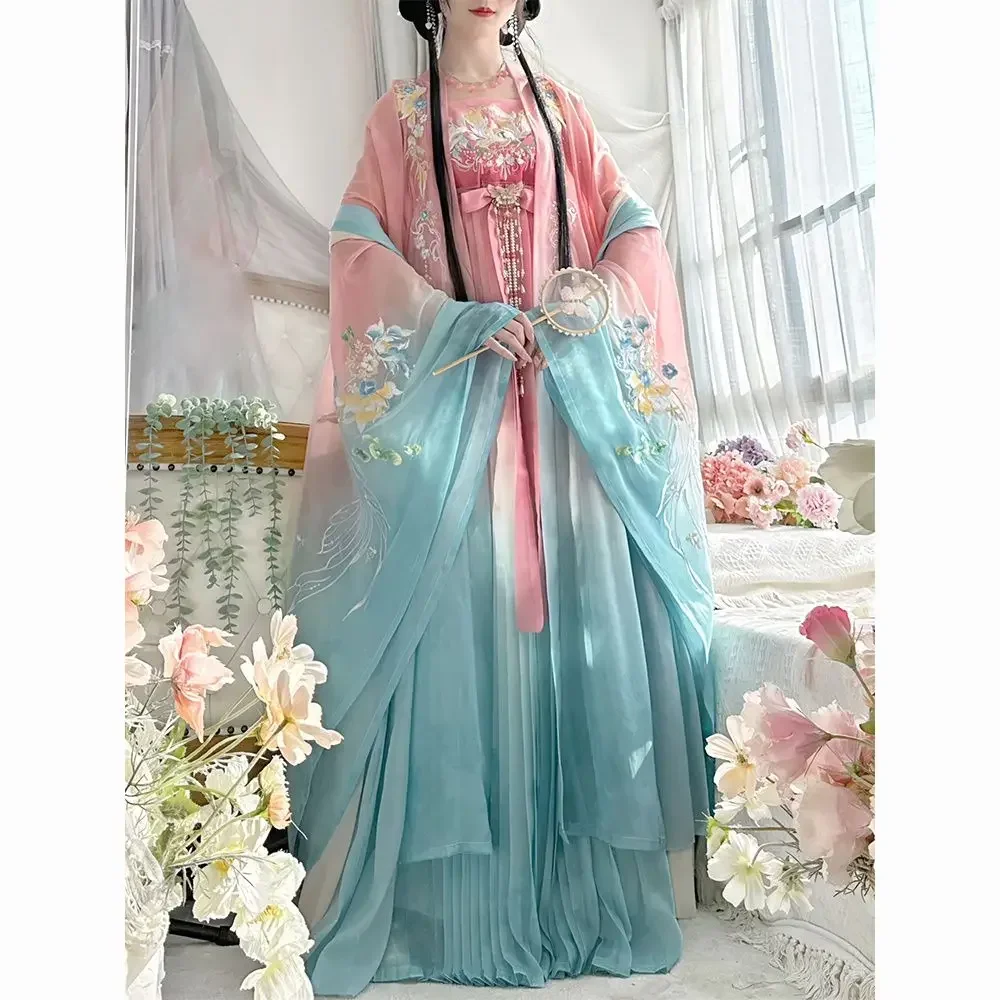 

Pink embroidery Hanfu Chinese traditional style summer big sleeve shirt folds daily play performance women's suit 2024 new