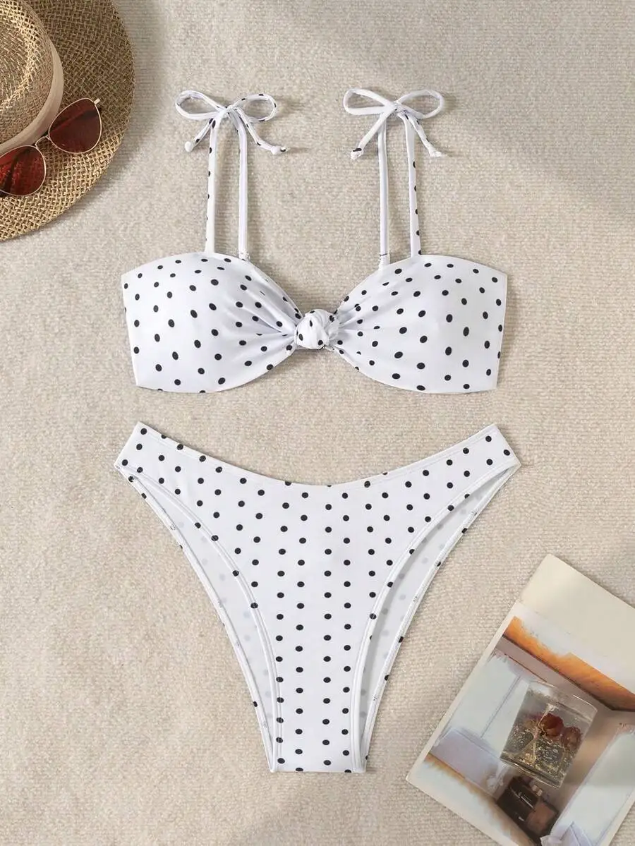 

Women Black And White Polka Dot Twisted Front Tie Bikini Set Casual Beach Swimwear Summer