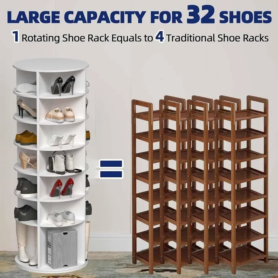 Entryway closet storage organizer: white rotating 7-tier shoe rack tower with 360 spin, made of durable plastic, space-saving a view 4