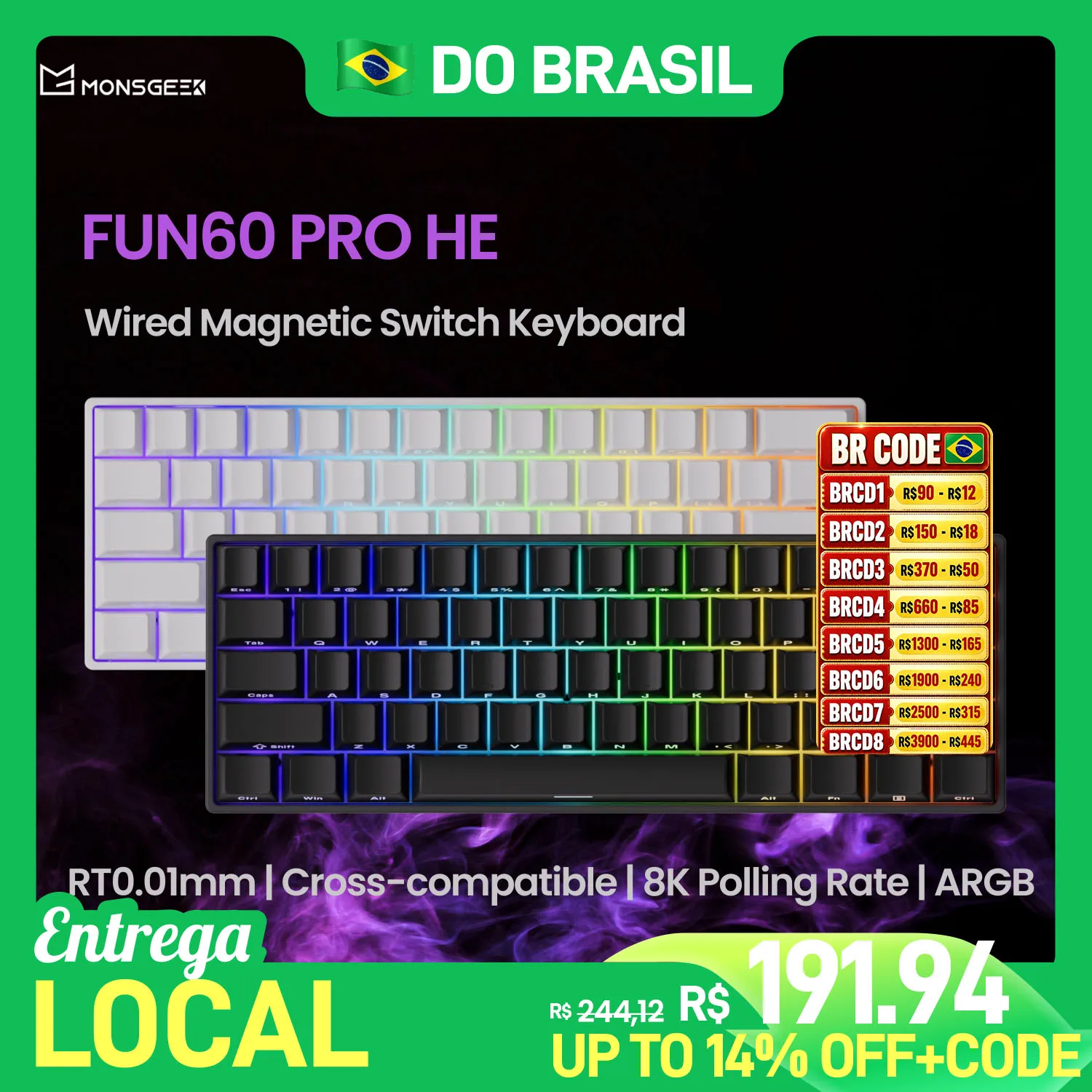 Akko monsGeek fun60 pro he teclado magnético 60% esports teclado para jogos gatilho rápido 0.01mm 8k teclado personalizado com fio para gamer