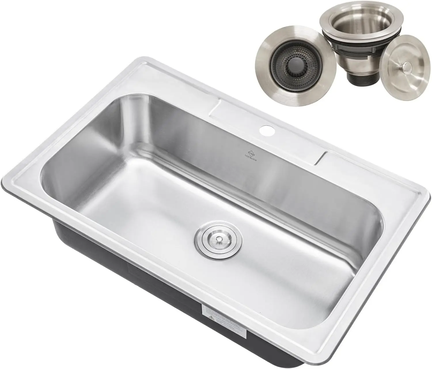 33 x 22 x 9 Inch Top mount Drop in Stainless Steel Single Bowl Kitchen Sink with Strainer 18 Gauge Stainless Steel 1 Faucet Hole