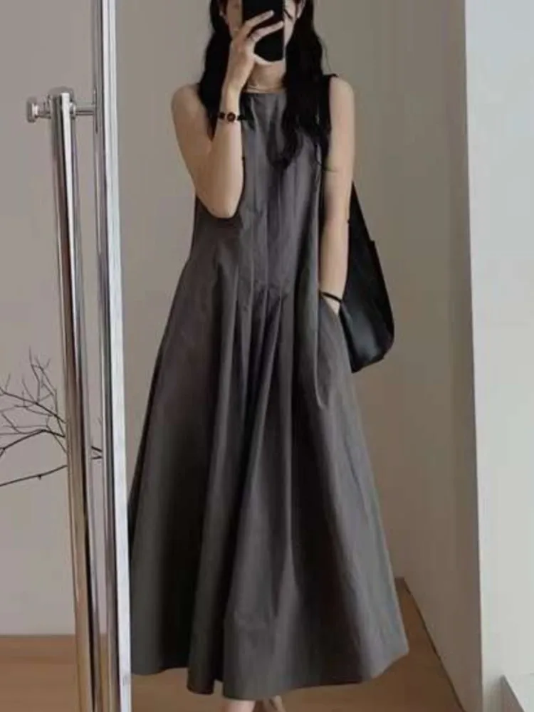 Summer Sleeveless Pleated Dress Women Solid Elegant Sundresses Ladies Dresses Korean O-Neck Midi Office Woman Dress Vestidos