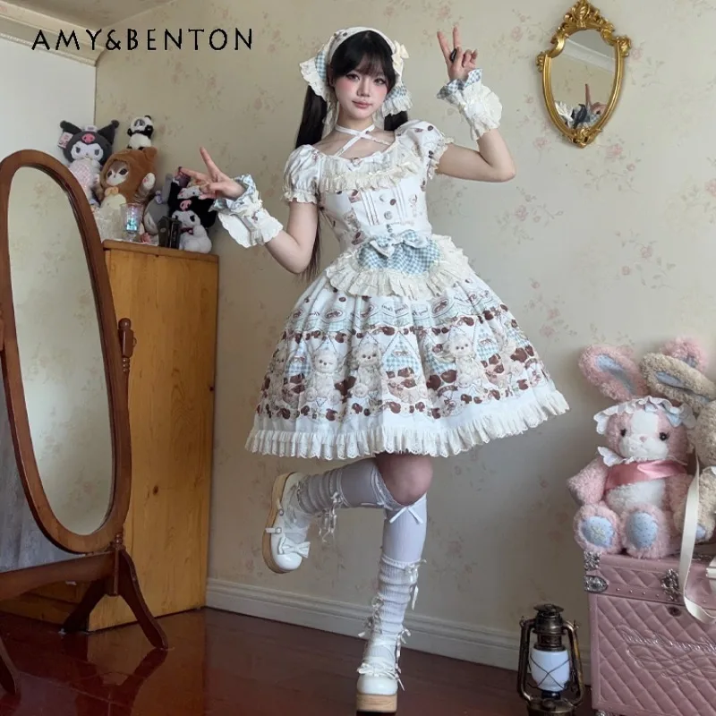 Urocza sukienka Lolita z nadrukiem, w stylu słodkiej dziewczyny, księżniczki, na co dzień, oryginalna, urocza, z kokardą, bufiastymi rękawami, wiązana na szyi, dopasowana mini sukienka, sukienki wieczorowe.