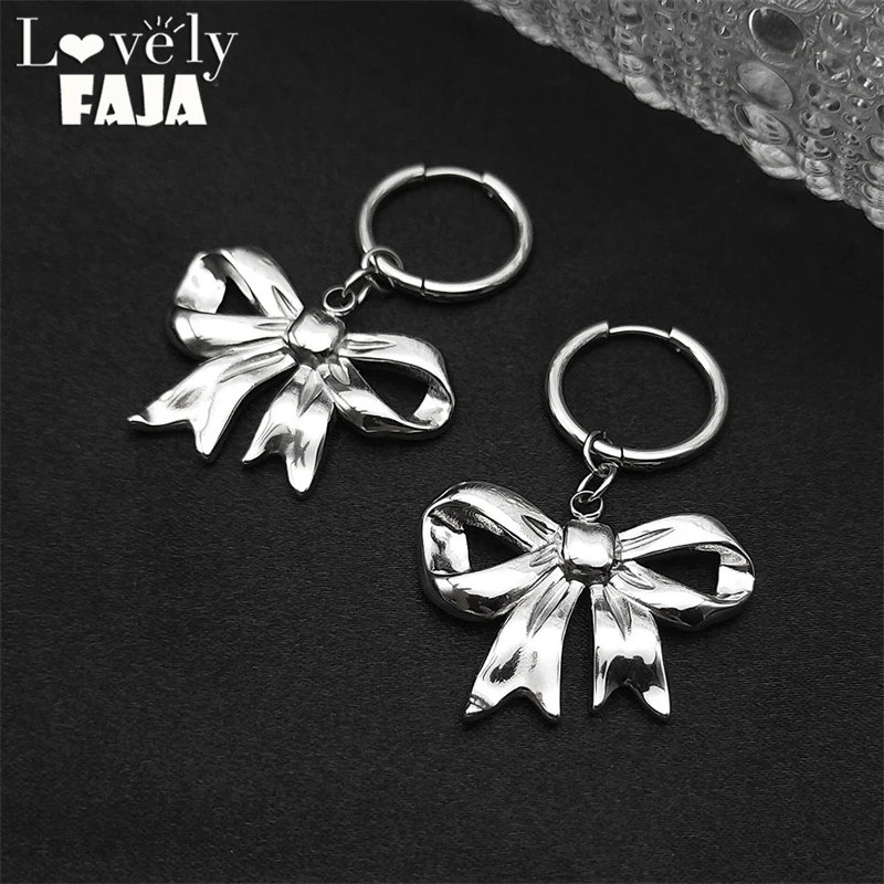 Design Sweet Y2K Style Bow Knot Earrings Women's Stainless Steel Silver Color Simple Elegant Hoop Earrings Party Jewelry Gifts