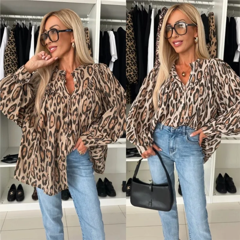 Women's Long Sleeved Shirt Autumn New Item Leopard Print Loose Fit Lapel Single Row Multi Button Cardigan Casual Pleated Shirt