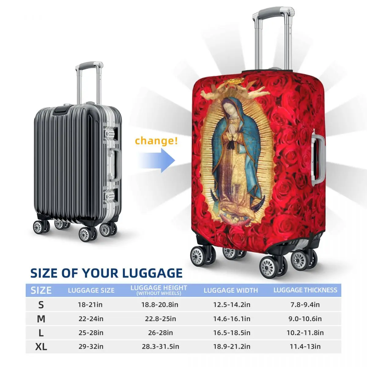 Aangepaste Guadalupe Maagd Maria met bloemen bagagehoes beschermer leuke katholieke reiskoffer beschermhoes voor 18-32 inch