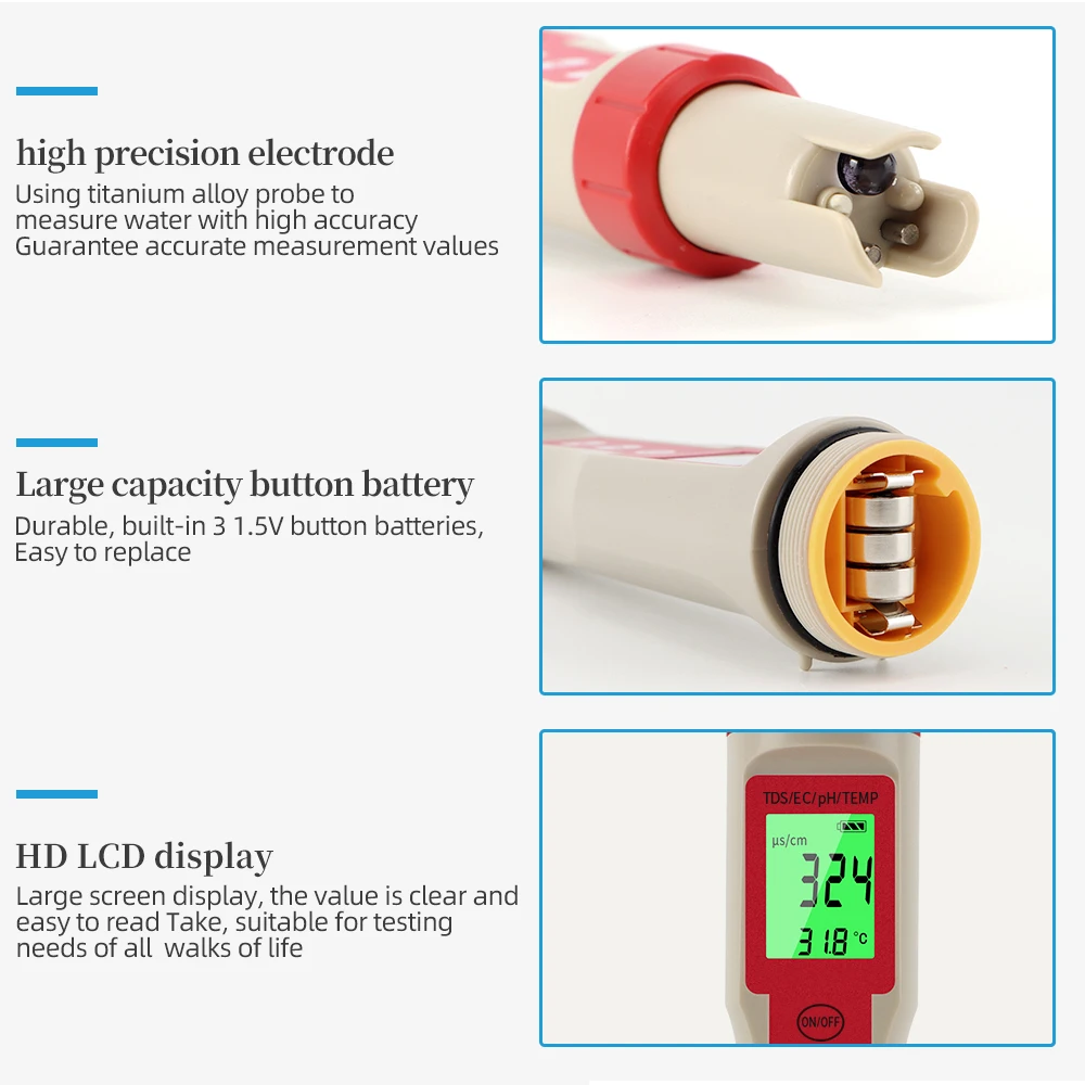 Misuratore di PH multifunzionale Tester di qualità dell\'acqua impermeabile PH/TDS/EC/Temp Detector penna di prova del PH con retroilluminazione per