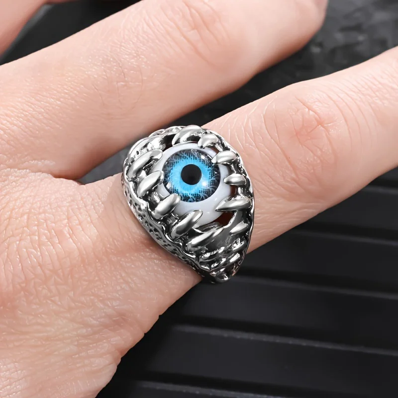 1Pc Punk Devil Eye Ring for Men Vintage Red Blue Eyes Claw Skull Rings Hip Hop Man's Finger Ring Jewelry Party Gifts Cool Thing