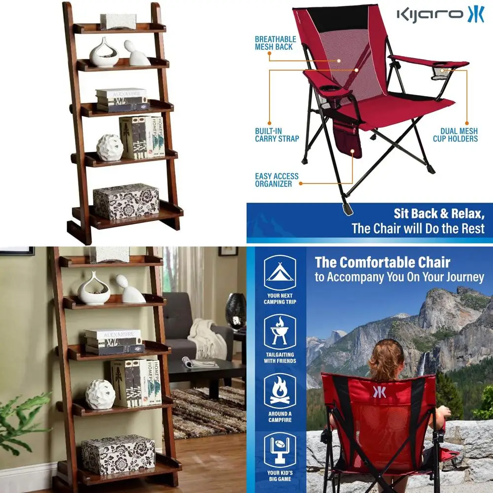 رف عرض على شكل سلم، 5 طبقات، لمسة نهائية بنية، حل تخزين لديكور المنزل