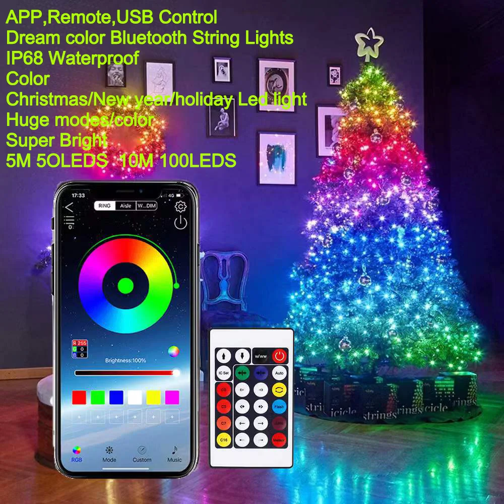 Guirxiété lumineuse LED RVB à distance, Bluetooth, USB, lumières dégradées intelligentes, guirxiété étanche, guirxiété, extérieur, intérieur, décoration de fête de Noël