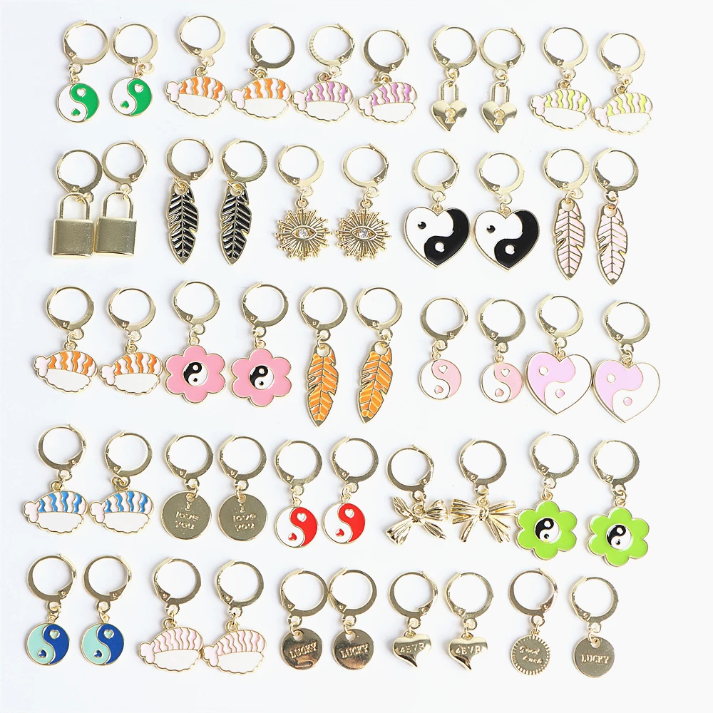 20Pairs/Lot New Fashion Lovely Leaf Lock Heart Lucky Charm Cute Enamel Hoop Earring Jewelry For Women Girls Gold Plated Gifts