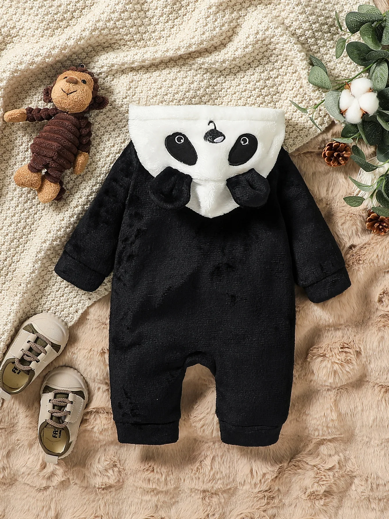 Baby Boys/ Girls Cute Autumn/Winter Long Sleeve Cartoon Plush Hooded Jumpsuit For Newborn-9M Outdoor Wear