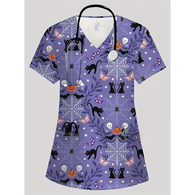 Halloween nurse costume for women Purple background Halloween element pattern，Black cats, bats, pumpkins, and more gather togeth
