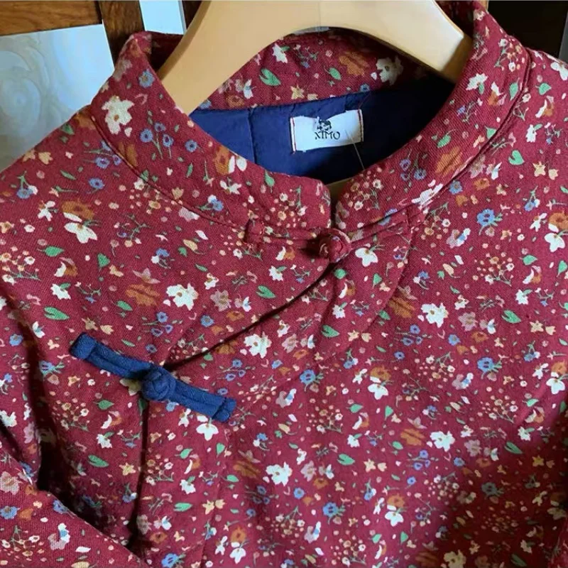 Estilo chinês floral impressão linha jaqueta feminina outono inverno novo sapo botão suporte color algodão grosso solto casaco feminino