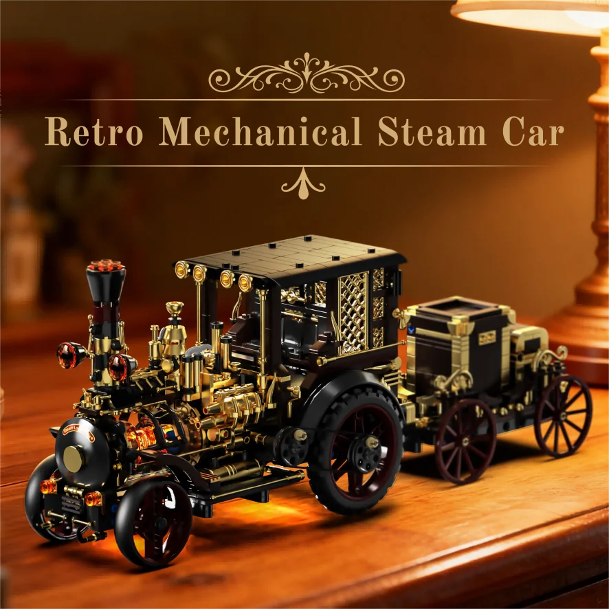 1331PCS Retro Mechanical Steam Car Building Blocks Set Vintage Home Decor Bricks with LED Lights MOC Toy for Festival Gift