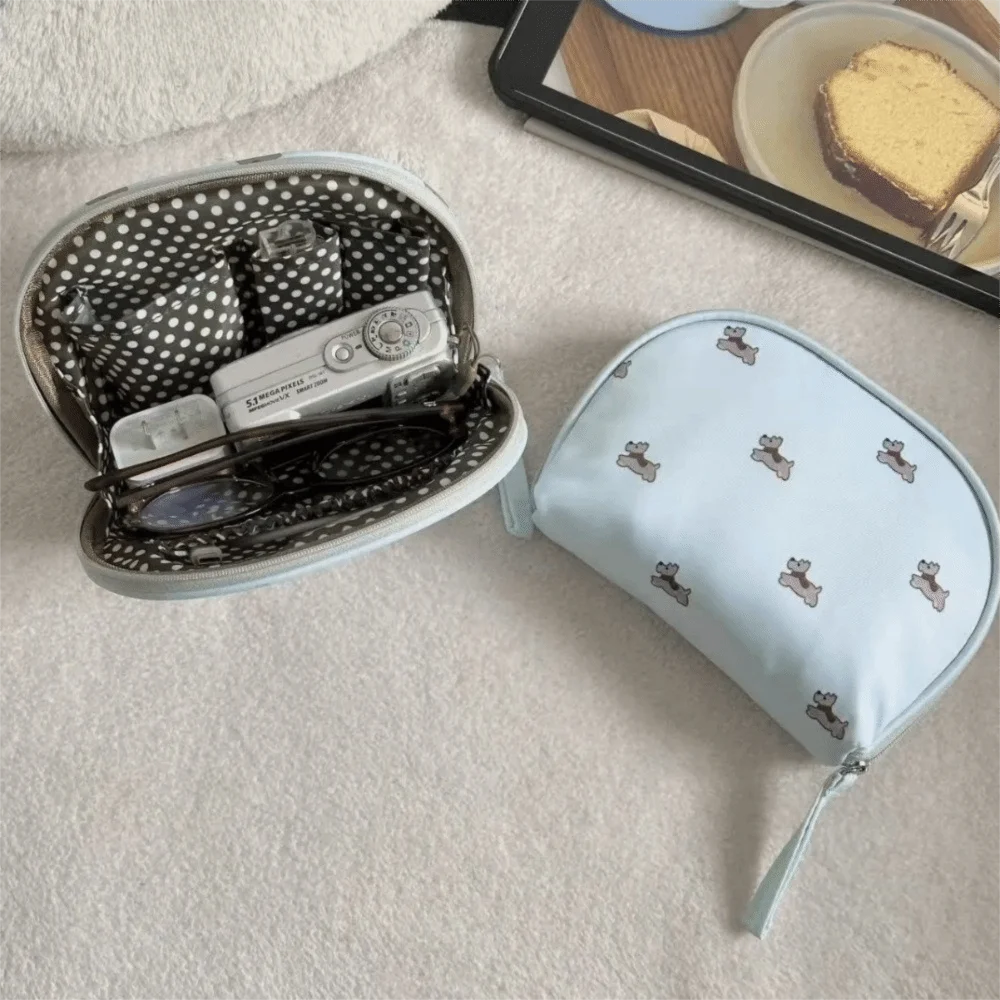Adorable Half-moon Makeup Bag Cartoon Puppy Print Large Capacity Cosmetic Bag Nylon Portable Travel Storage Bag