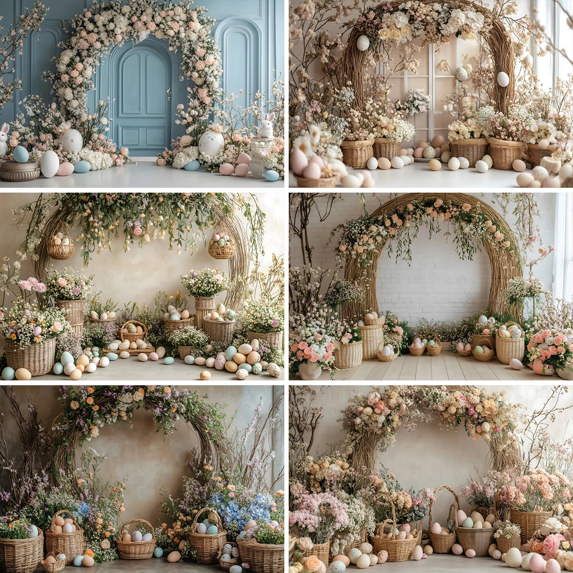 Spring Easter Day Arch Floral Photography Background Egg Bunny Flowers Green Potted Plant Indoor Portrait Photo Studio Backdrops