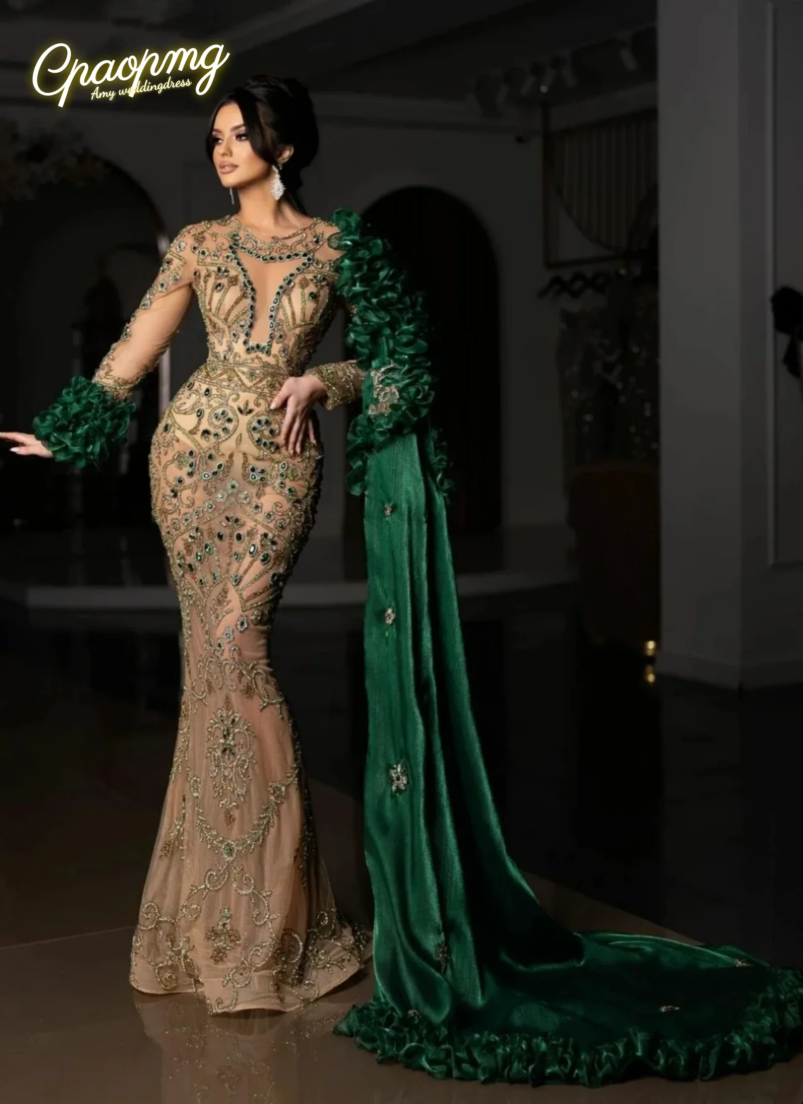 CustomizedExquisite Evening Dresses Crystal See Through Prom Dress Beaded Long Sleeves Mermaid Party Gowns Vestidos De Noche