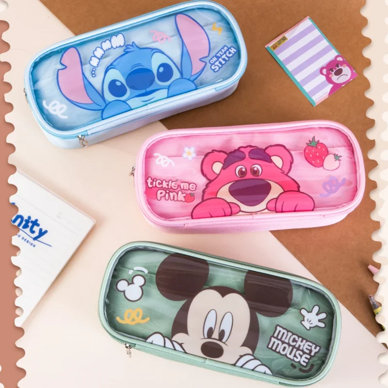 New Disney Stitch Pen Bag doppia scatola di cancelleria trasparente Cartoon astuccio per matite di grande capacità sacchetto di immagazzinaggio