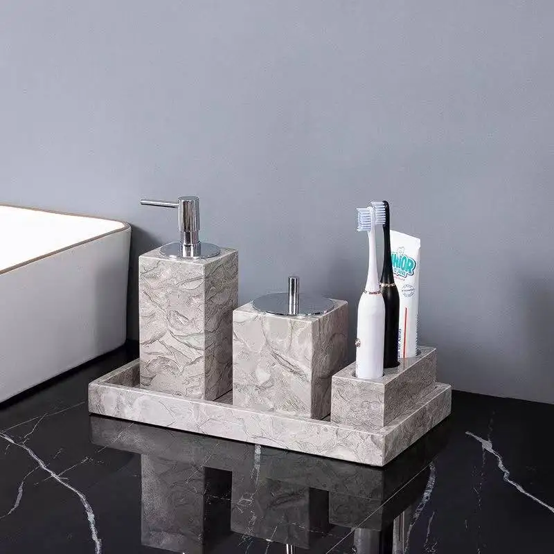 Natural Gray Marble Bathroom Accessories Set - Modern Stone Vanity OrganizeHotel Style Home Decor