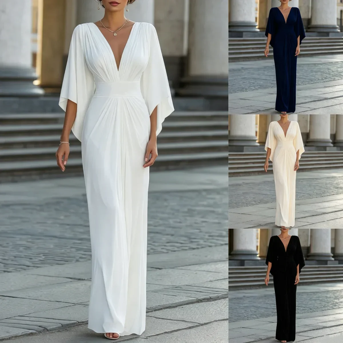 Damen-Maxikleid mit tiefem V-Ausschnitt und Cape-Ärmeln, plissierter Taille, elegantes Abendkleid für formelle Anlässe. – Detail 2